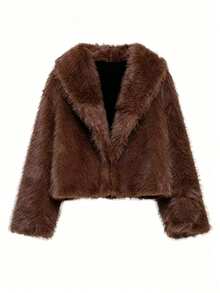 Women's Fashion Long Sleeve Faux Fur Coat, Regular Length Brown Open Front Warm Jacket, Suitable For Autumn/Winter Wear - Brown - View 10