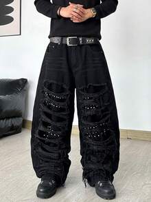 Hearty Haven 1pc Men's Distressed Denim Jeans Loose Beaded Patchwork Wide Leg Pants Casual All Season Comfortable Long Pants - No Belt And Accessories - Black - View 5