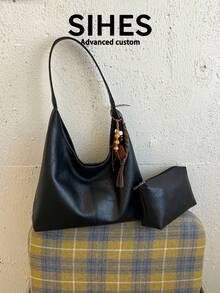 1pc Solid Color PU Leather New Women's Bag, Shoulder Bag, Fashionable Versatile Crescent Bag, Magnetic Closure, Dual Handles, Suitable For Commuting, Shopping, Dating - Black - View 9