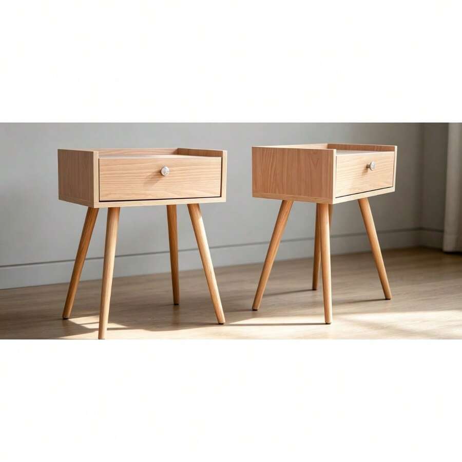 Juego de 2 Mesitas de Noche para Dormitorio, Mesita de Noche Marsella de Melamina Texturizada Color Roble, Mesa Lateral con Cajón de Almacenamiento, Herrajes de Acero Resistente, Estilo Moderno, Fácil Armado, Ideal para Recámara y Sala - Beis - Ver 1