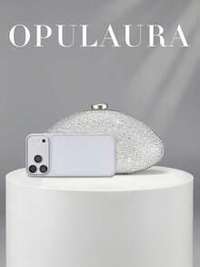 OpulAura 女款極簡貝殼盒型奢華閃亮水鑽晚宴手拿包，優雅迷人的晚禮服包，閃耀夜用女款手提包，雞尾酒會包，正式派對包，浪漫婚禮附鍊條手拿包 - 銀色 - 查看 4