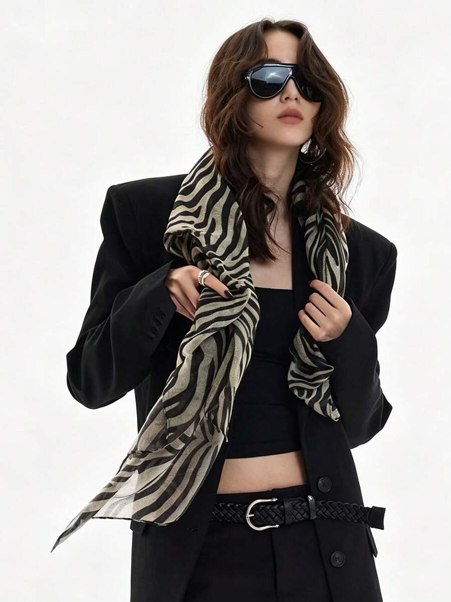 1pc Zebra Print Vintage Street Style Scarf For Women, Polyester (Polyester) Lightweight Silk Scarf, Animal Print Soft Breathable Large Shawl, Fashion Versatile Decorative Scarf, Daily Outing Commute Outerwear Neck Accessory - Multicolor - View 1