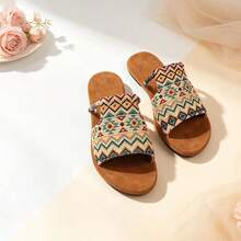 Vintage Geometric Print Woven Strap Flat Slip-On Sandals For Women, Beach Vacation Outdoor Wear And Home Slippers - Multicolor - View 4
