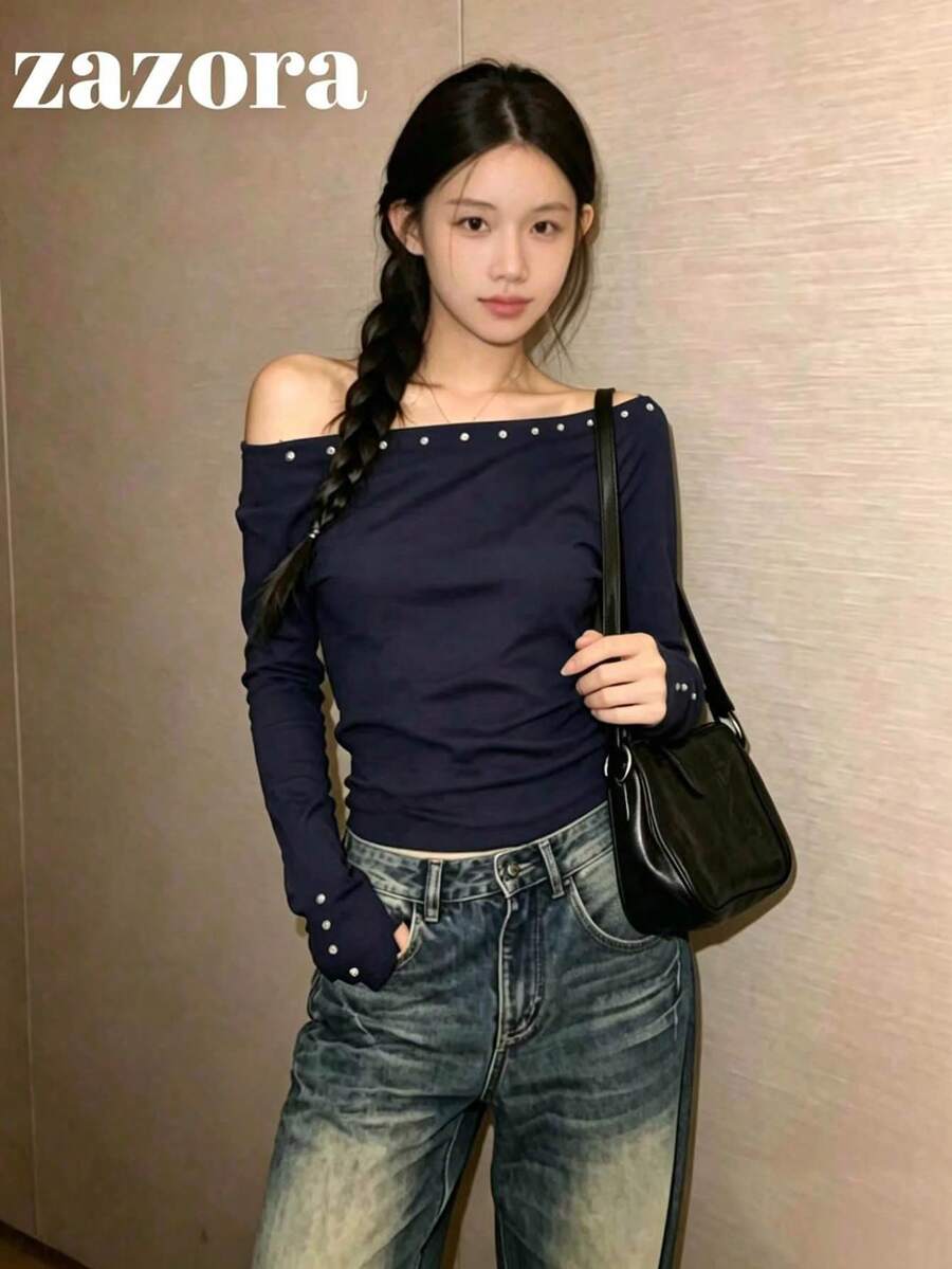 Rivet Asymmetrical Shoulder Loose Long Sleeve Knit T-Shirt Base Layer Top Early Autumn - Navy Blue - View 1