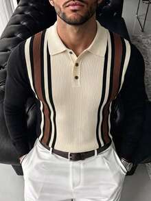 New Men's Color-Block Premium Striped Polo Collar Long Sleeve Top - Black - View 5