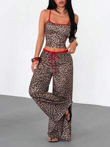 Women's Leopard Print 2 Pieces Set, Colorblock Trim Camisole Top + Drawstring Wide Leg Pants, Suitable For Nightclub Party, Vacation, Casual And Outing Wear - Brown - View 5