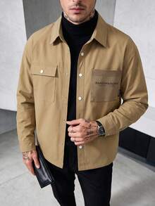 Blueprint Man 1pc Men's Khaki Lapel Jacket, Metal Snap Button Front Closure, Smooth Skin-Friendly Fabric, Lightweight And Crisp, Loose Drop Shoulder Fit, Minimalist Casual Style, Suitable For Daily Commute And Travel - Khaki - View 10