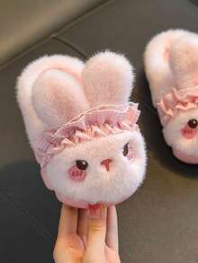 Girls' Cute Warm Thermal Lined Rabbit Fur Thermal Slippers For Winter Home Wear - Pink - View 2