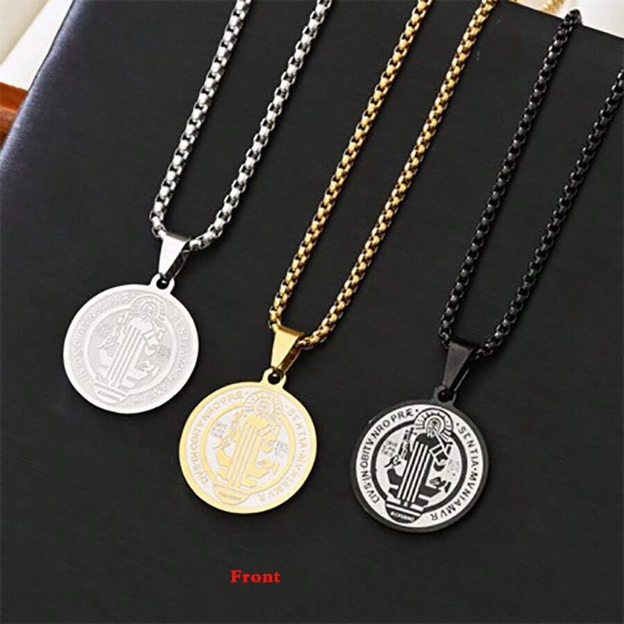 Catholic Saint Benedict Medal Pendant Necklace Stainless Steel Cross San Benito Gold/Silver Neck Chain Necklace Unisex - Faith Round Necklace - View 1