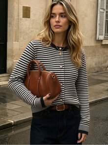 BYGOUBY Women's Striped Knit Cardigan, Round Neck Pearl Button Long Sleeve Casual Knit Sweater Jacket, Autumn/Winter - Black - View 1