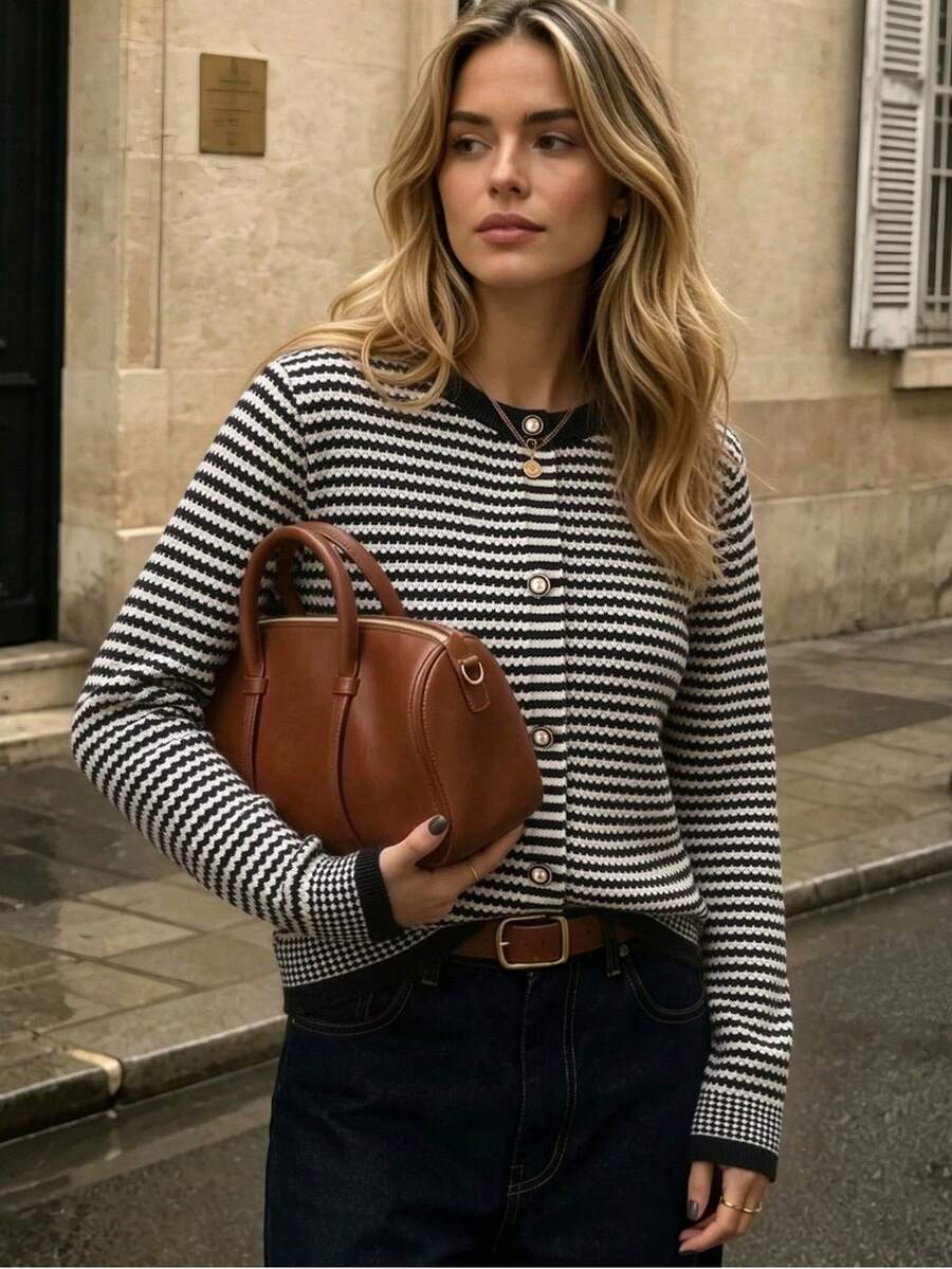 BYGOUBY Women's Striped Knit Cardigan, Round Neck Pearl Button Long Sleeve Casual Knit Sweater Jacket, Autumn/Winter - Black - View 1