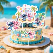 Stitch & Angel Happy Birthday Cake Topper, Tropical Beach Cartoon Character Cake Decorations With Palm Tree And Seaside Elements For Birthday Party Dessert Decor - View 6