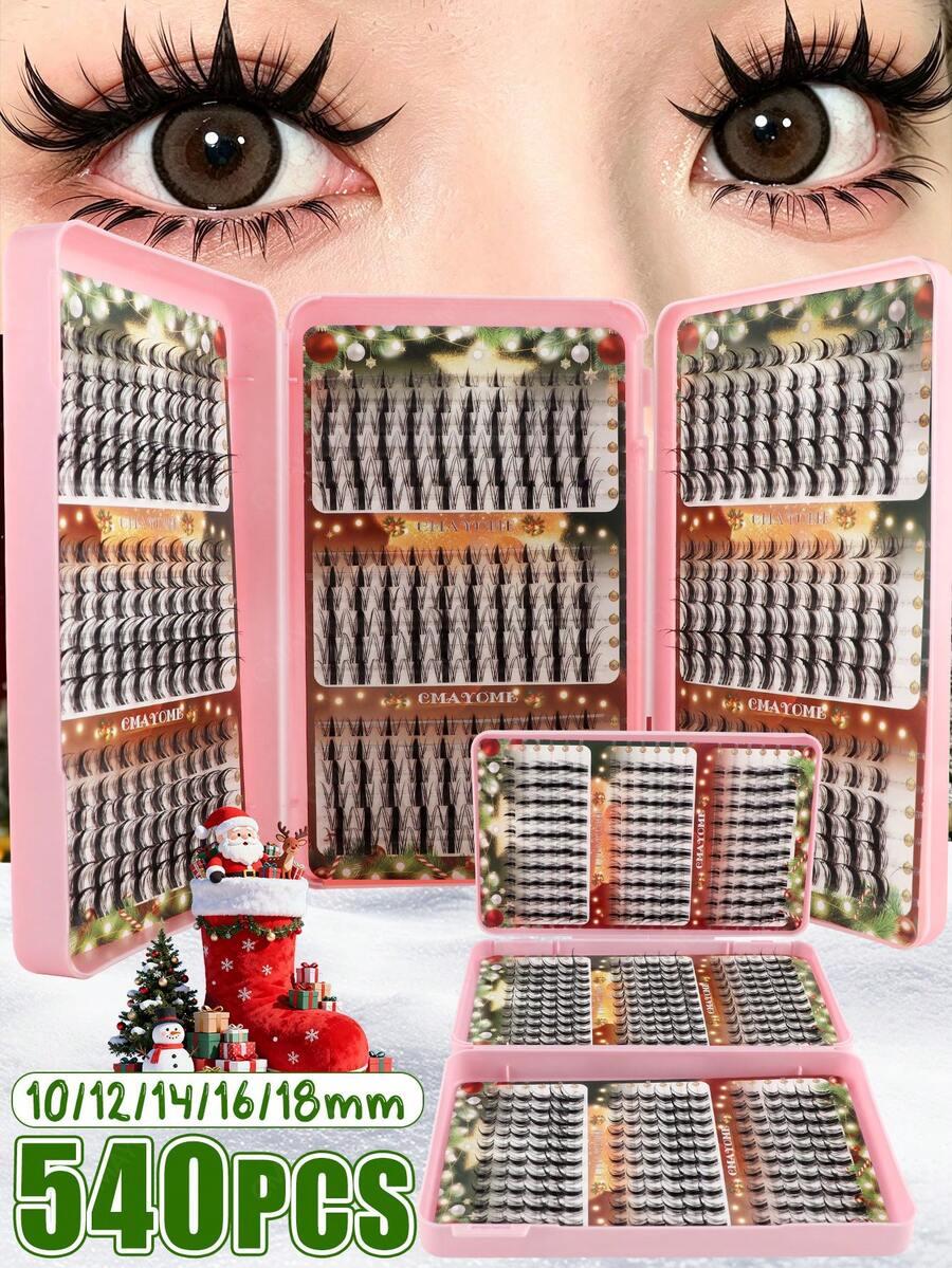 540/648 Clusters Eyelash Book Set, Invisible Ultra-Fine Stem, Lightweight Fluffy D Curl, 10/12/14/16/18mm Mixed Length, Long-Lasting Waterproof, Easy DIY Wear, Pink Storage Box, Christmas Gift Set For Women - Pink - View 1