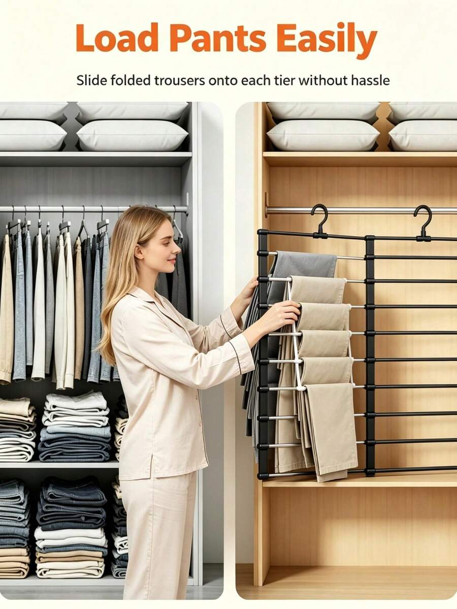 7-Rod Multi-Function Pants Rack, Black And White Colors Available. 7 Independent Hanging Rods Can Simultaneously Store Multiple Pairs Of Pants, Scarves, Shawls, Leggings, Fully Utilizing Vertical Closet Space, Eliminating Clothing Piles And Wrinkles, Significantly Saving Closet Storage Space. Fits Most Closet Hanging Rods, Easy And Quick Access To Clothing. Smooth Edge Protection Treatment, Not Easy To Snag Or Scratch Fabric, Stable Load-Bearing And Not Easy To Deform. - Multicolor - View 1