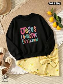 Svart hoodie för barn med färgglatt mönster "Jesus Loves Me, I Know" tryckt på, lämplig för dagligt bruk under vår och höst. - Svart - Visa 2