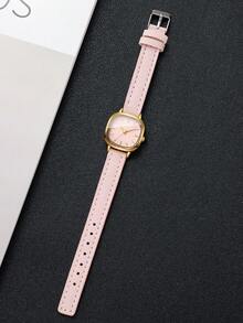 Women's Fresh Petite Thin PU Strap Quartz Watch, Minimalist Square Dial With Markings, Small Face, Suitable For Girls And Students For Daily Wear, Gift Watch (1pc/Set) Watch Box Not Included - Pink - View 8