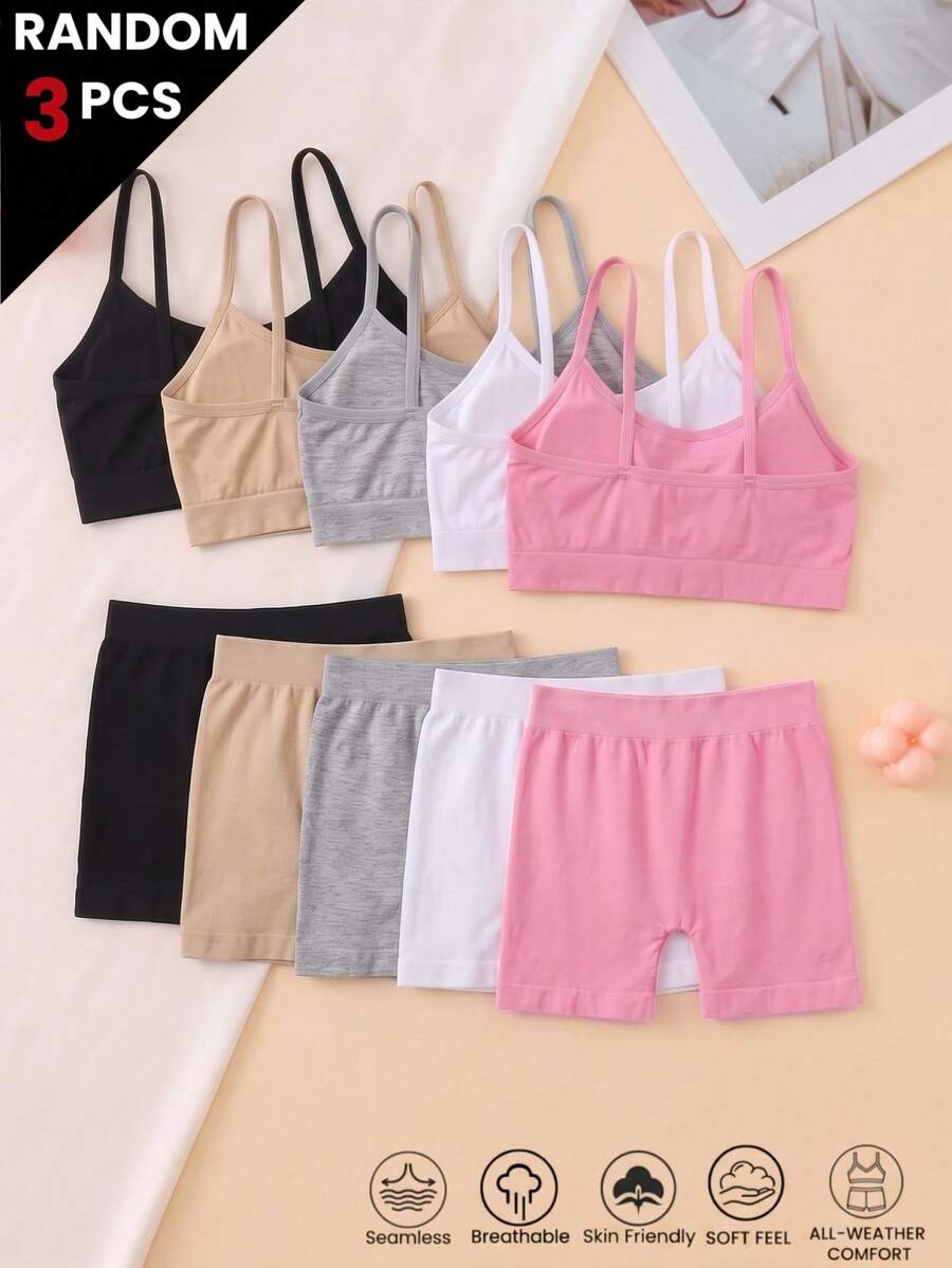 3-delars set för flickor, basic enfärgat underklädesset med sömlös mjuk och bekväm bralette och shorts, baslager för höst och vinter, vardagsbruk - Multifärgad - Visa 1