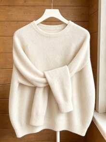 Plus Size Women's Faux Sweater, French Style Raglan Sleeve Raglan Sleeve Plush Knit, White Color For Autumn/Winter Back To School Daily And Holiday Wear - White - View 3