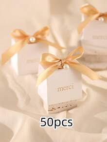 10/30/50pcs Creative European Wedding Box, Gift Box With Ribbon And Pearls Birthday Party Favor - Gold - View 8