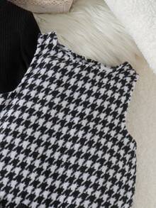 2pcs Baby Girl Classic Elegant Solid Color Small Stand Collar Long Sleeve Base Layer & Houndstooth Bow Hem Tank Dress Set, Spring/Autumn - Black - View 10