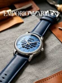 Armani Men's Automatic Mechanical Watch, Silver Steel Case, Blue Hollow Dial, Navy Blue Leather Strap, Suitable For Evening Parties And Celebration Events - one-size - View 5