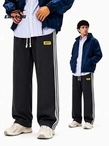 Men's Casual Pants With Numeric Print, Straight Leg Loose Fit Sweatpants - Black - View 1