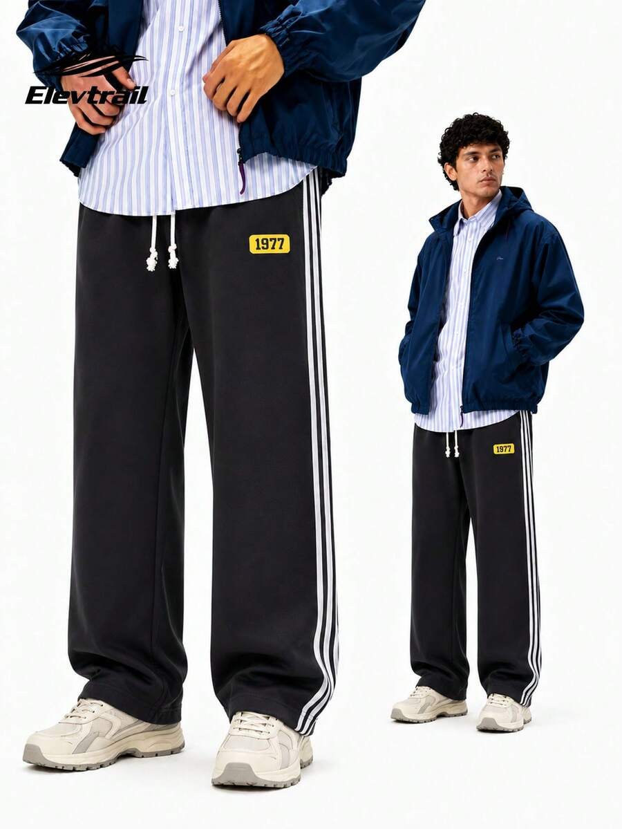 Men's Casual Pants With Numeric Print, Straight Leg Loose Fit Sweatpants - Black - View 1