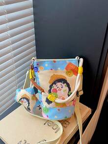 1pc Girls Cartoon Print Nylon Magnetic Closure Fashion Handbag Crossbody Bag Suitable For All Seasons Daily Use With Pendant - A - View 10
