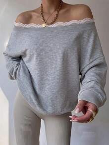 SCARLUX Autumn/Winter Y2K Women's Basic Grey Cold Shoulder Long Sleeve Top, Lace Trim Boat Neck Loose Pullover, Suitable For Back To School And Daily Wear - Gray - View 3