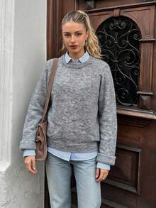 Roviva Women's Autumn Elegant Casual Commute Round Neck Solid Color Sweater Top, Suitable For Party, Gathering, Holiday, Birthday Party, Work Commut - Grey - View 2