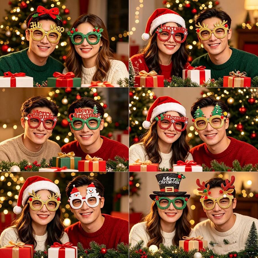 8pcs(Random Style) Christmas Party Glasses Set, Funny Xmas Costume Eyeglasses, Santa Reindeer Snowman Tree Glitter Decorative Glasses For Holiday Photo Booth Party Favors - Cartoon - View 1