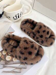 1 Pair Kids Fashion Slippers, Leopard Print Fuzzy Slippers, Soft Plush, Non-Slip Thick Sole, Suitable For Indoor And Outdoor Wear - Coffee Brown - View 6
