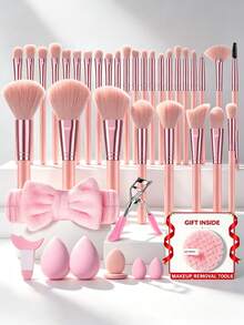 39pcs And 1pc Free Gift Makeup Brush Set With Makeup Sponges Powder Puff Cleaning Mat Face Washing Wristbands Soft Synthetic Bristles Cosmetic Brushes For Foundation Blush Eyeshadow Makeup Tools Gift For Makeup Lover - Pink - View 1