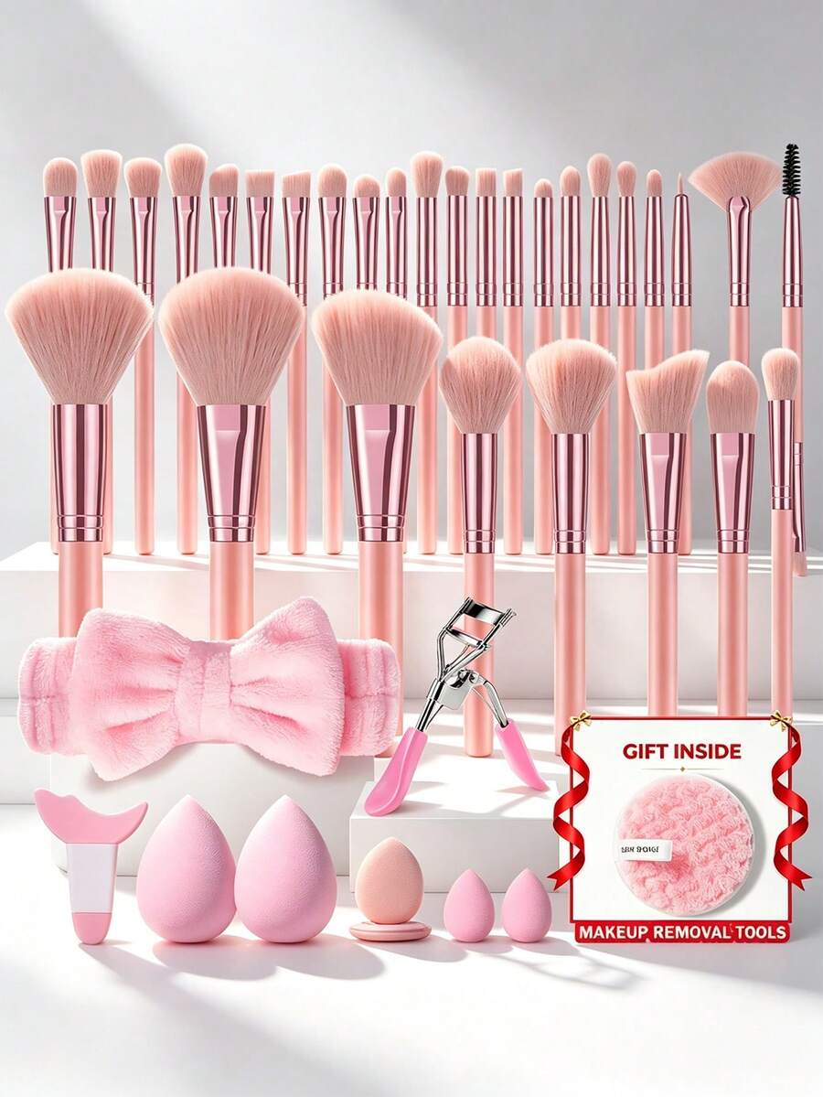 39pcs And 1pc Free Gift Makeup Brush Set With Makeup Sponges Powder Puff Cleaning Mat Face Washing Wristbands Soft Synthetic Bristles Cosmetic Brushes For Foundation Blush Eyeshadow Makeup Tools Gift For Makeup Lover - Pink - View 1