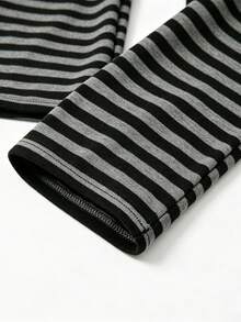Women's Striped Pure Cotton Long Sleeve Crew Neck Cropped T-Shirt, Autumn Daily Wear Essential - Black - View 9