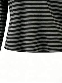 Women's Striped Pure Cotton Long Sleeve Crew Neck Cropped T-Shirt, Autumn Daily Wear Essential - Black - View 8