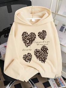 Girls Sweet Versatile Fashion Leopard Print Heart Print Hoodie Sweatshirt With Leopard Print Slim Fit Leggings, 2pcs Set For Autumn/Winter - Apricot - View 4