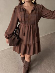 Women's Plus Size Brown Hollow Lace Lace-Up Vintage Bohemian Dress, Suitable For Autumn/Winter Elegant - Brown - View 2