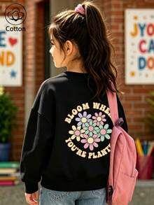 Girls' Cute Printed Drop-Shoulder Round-Neck Long-Sleeve Casual Sports Sweatshirt - Black - View 1