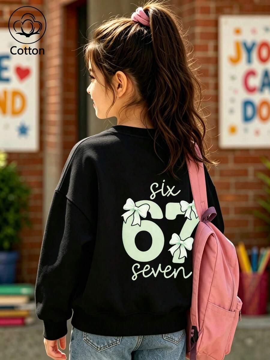 Girls' Cute Printed Drop-Shoulder Round-Neck Long-Sleeve Casual Sports Sweatshirt - Black - View 1