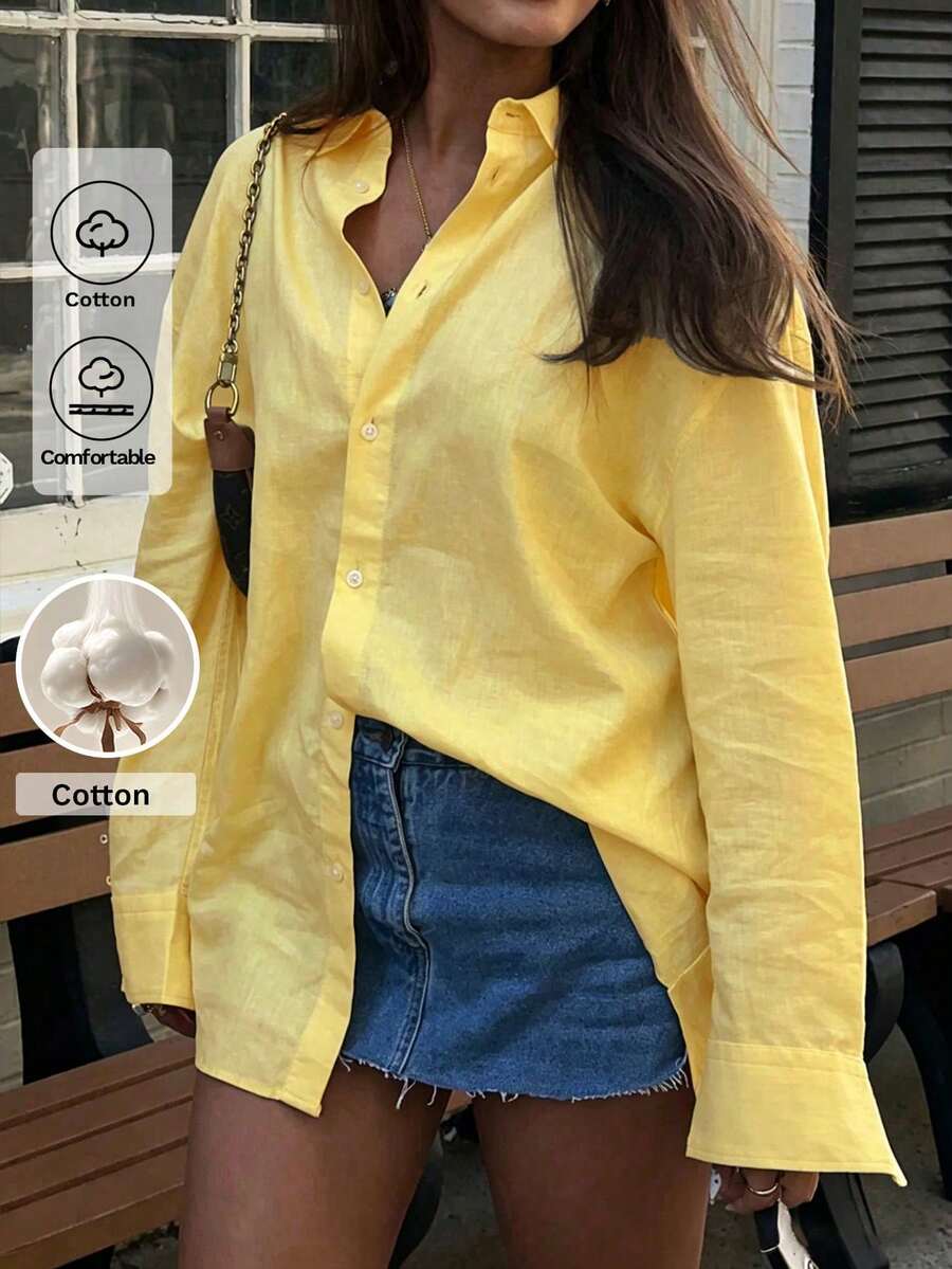 Vellofy 女款秋冬黃色 100% 純棉鈕扣領長袖寬鬆襯衫,適合居家休閒、日常約會與聚會 - 黃色 - 查看 1