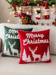 1pc 3D Embroidered Velvet Deer & Tree Pillow Case, Without Pillow Insert, Christmas Theme, All-Season Decorative Cushion Cover, Suitable For Living Room, Bedroom, Machine Washable - Red Cloth Reindeer With Tree - View 8