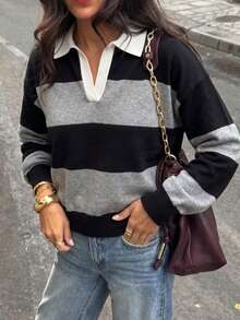 Just Masa Women's Fall Casual Colorblock POLO Collar Sweater Pullover,Long Sleeve Loose Preppy Simple Basic Rib-Knit Top,For Halloween,Christmas,Daily - Black and Gray Stripes - View 6