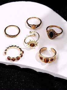 6pcs Vintage Unique High-End Luxury Elegant Creative Design Sun Amber Ring Set, Women's Daily Wear Wedding Holiday Party Gift Jewelry - Multicolor - View 3