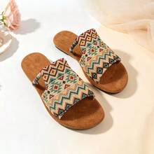 Vintage Geometric Print Woven Strap Flat Slip-On Sandals For Women, Beach Vacation Outdoor Wear And Home Slippers - Multicolor - View 8