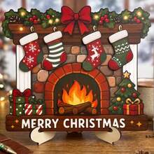 1pc New Christmas Fireplace Home Decor Desktop Ornament Christmas Sock Sign Wooden 2D Flat Craft - 1PC - View 5
