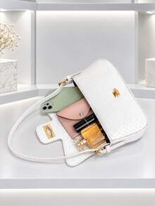 1pc Women's Fresh White Snakeskin Pattern Underarm Bag, Luxury Metal Lock, French Style, Daily Shoulder Bag - White - View 5