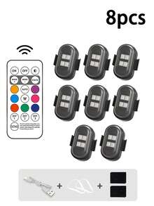 2/4/6/8入 4LED USB充電式車內燈，附遙控器，8色迷你RGB氛圍燈，適用於汽車、摩托車、自行車與無人機，高亮度，安裝簡單 - 4顆LED - 查看 13