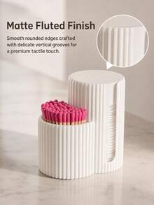 Matte Cream White Vertical Stripe Dual-Compartment Cosmetic Storage Box, Makeup Pads And Beauty Tool Organizer, Dual Independent Sections For Separating Pads And Small Beauty Tools To Keep Organized, Smooth Vertical Stripe Rounded Design Saves Desk Space, One-Piece Hollow Opening Supports One-Handed Easy Access To Supplies - Multicolor - View 6
