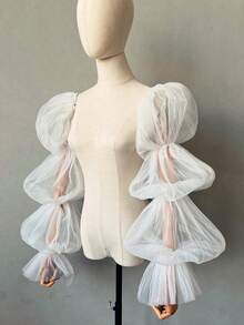 1pc Black Mesh Petal Sleeve 2-Piece Elastic Pleated 4-Layer Bridal Sleeve Covers - Multicolor - View 7